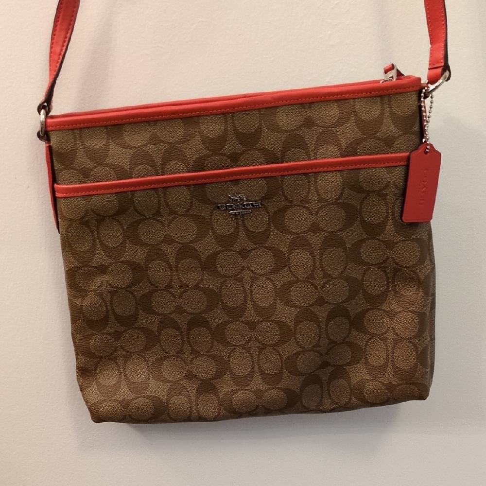 Coach Signature Brown and Red Crossbody Bag with Gold Hardware